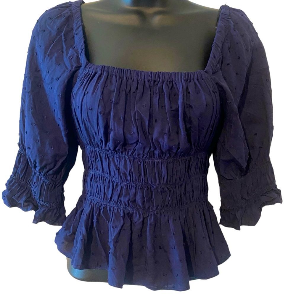 Juniors Nine Britton navy smocked body crop top 3/4 sleeve boho NWT size S.